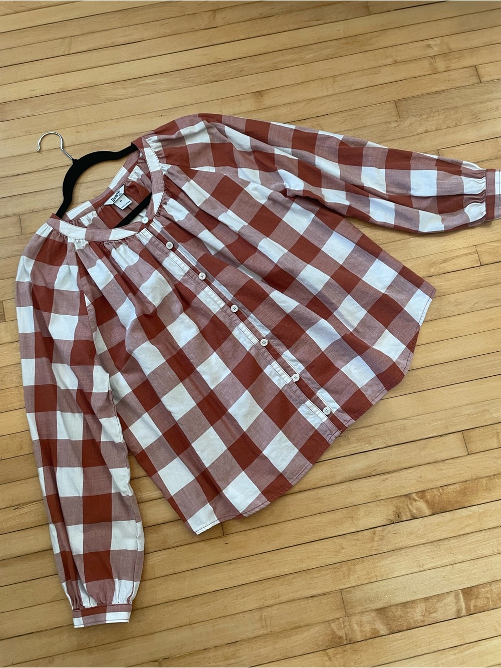 DULUTH TRADING CO Organic Cotton Gingham Checked Raglan Balloon Sleeve Blouse